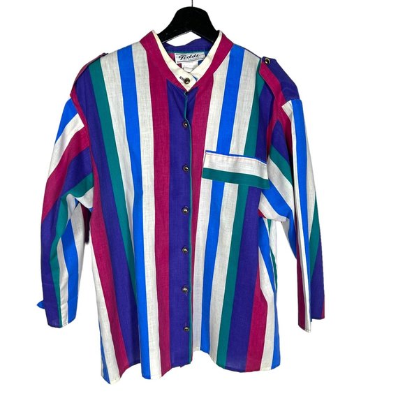 Vintage Tops - Vintage 80s Multicolor Stripe Long Sleeve Button Up Top XL